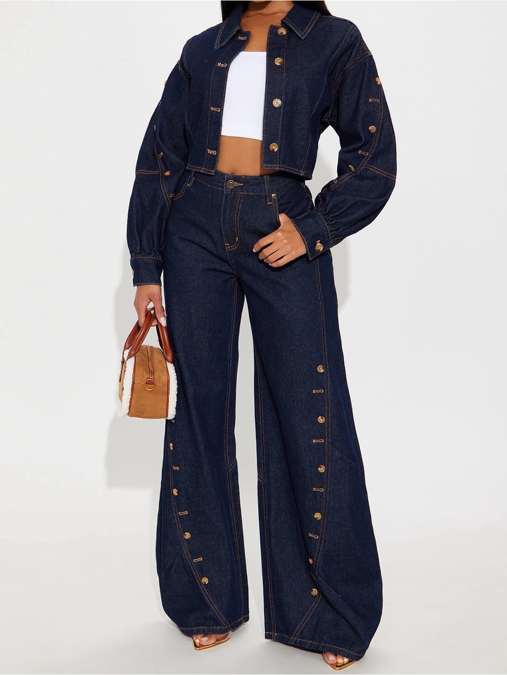 Cropped Dark Indigo Wide-Leg Barrel Jeans with jacket- Women